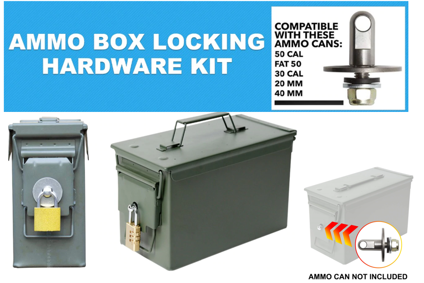 50 CAL AMMUNITION AMMO BOX CAN WITH STAINLESS STEEL LOCK LOCKING HARDWARE KIT.