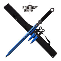 Fantasy Master Blue Short Sword 28" Overall & Two 6" Throwing Knives Set