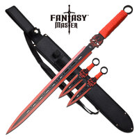 Fantasy Master Red Skull Ninja Sword 26.5" Overall & Two 9" Throwing Knives Set