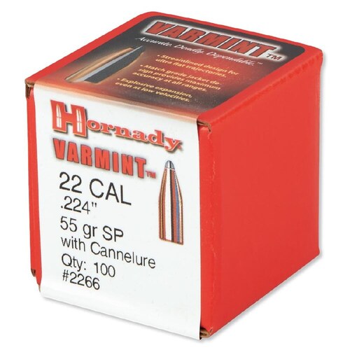 Hornady Varmint™ Projectiles - 22Cal .224" Soft Point Boat Tail 55gr - 100 Pack - 2266