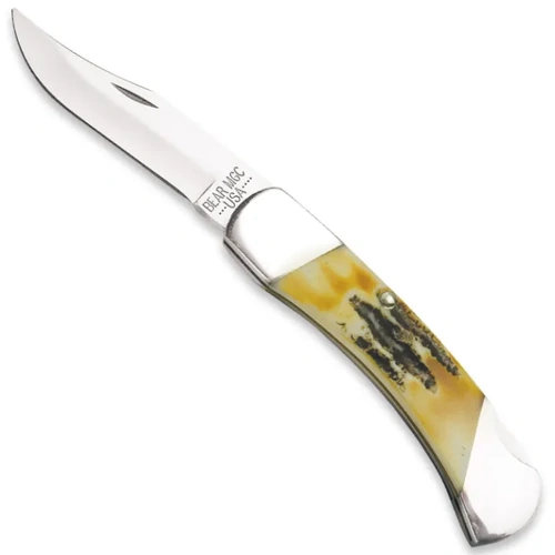 Bear 3 3/4" India Stag Stainless Steel Bone Lock Back Knife - BAS-505