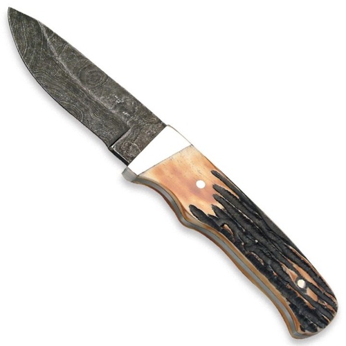 Bear & Son 7 7/8" Genuine India Stag Bone Pro Fixed Skinner with Leather Sheath Damascus - BAS-549D