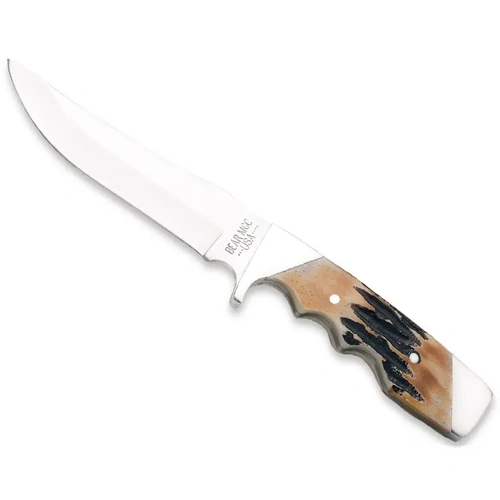 Bear & Son 9 1/4" Genuine India Stag Stainless Steel Bone Fingergroove Skinner with Leather Sheath - BAS-577