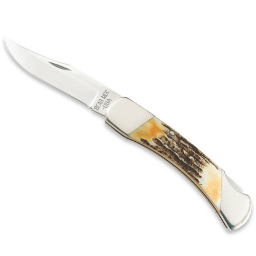 Bear & Son 5" Genuine India Stag Stainless Steel Bone Pro Lockback Knife with Leather Sheath - BAS-597