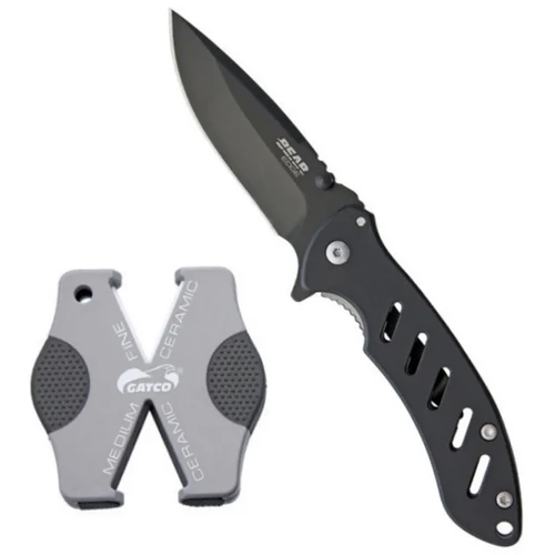 Bear Edge Brisk Black Stainless Steel Knife & Sharpener Combo Kit  - BAS-71703