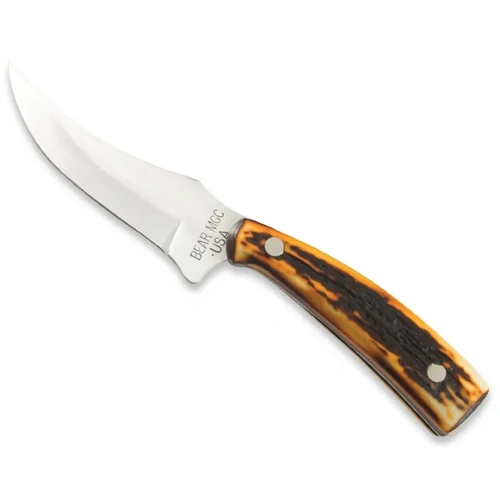 Bear & Son 7 1/4" Stag Delrin Upswept Skinner Knife with Leather Sheath - BS-753