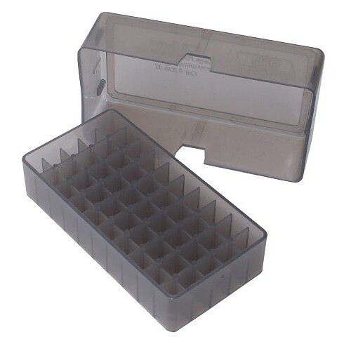 MTM Slip-Top Rifle Ammo Box - 50 Round .41 Mag to .44 Mag - Clear Smoke E-50-45-41