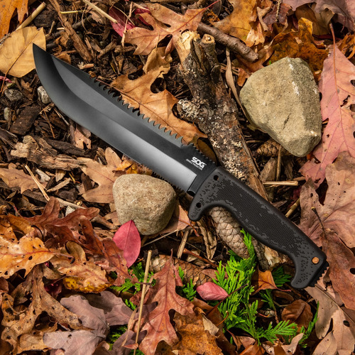 SOG Jungle Primitive Fixed 9.5" Black Sawback Blade With Kraton Handle - F03TN-CP