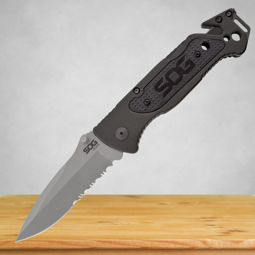 SOG Escape Bead Blasted Serrated Clip Point Folding Knife - FF24-CP