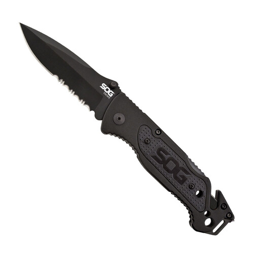 SOG Escape Bead Blasted Serrated Clip Point Folding Knife in Black- FF25-CP