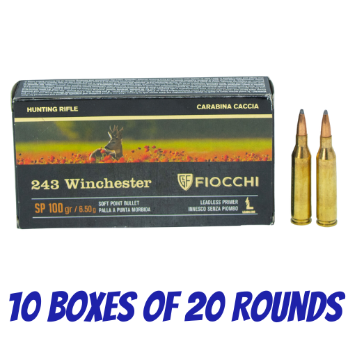 Fiocchi 243 Win Ammunition 100GR Soft Point - 10 Boxes of 20 Rounds - 70243100-BRICK