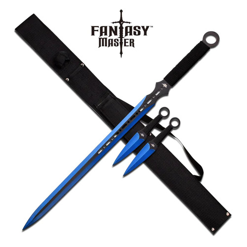 Fantasy Master Blue Short Sword 28" Overall & Two 6" Throwing Knives Set