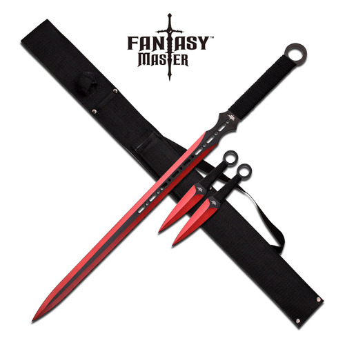 Fantasy Master Red Short Sword 28" Overall & Two 6" Throwing Knives Set