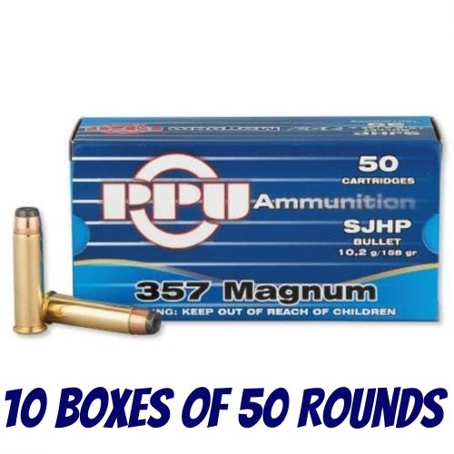 PPU 357 Mag 158gr SJHP Ammunition - 10 Boxes Of 50 Rounds - HH357B-BULK
