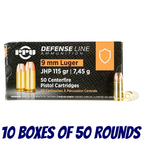 PPU 9mm 115gr JHP Ammunition - 10 Boxes Of 50 Rounds - HH9B-BULK