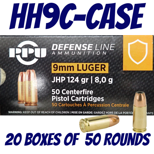 PPU 9mm 124gr JHP Ammunition - 20 Boxes Of 50 Rounds - HH9C-CASE