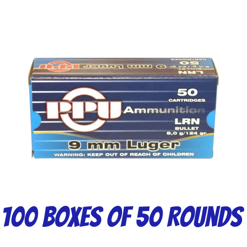 PPU 9mm 124gr LRN Ammunition - 100 Boxes Of 50 Rounds - HH9E-BULK