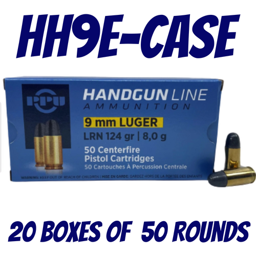 PPU 9mm 124gr LRN Ammunition - 20 Boxes Of 50 Rounds - HH9E-CASE