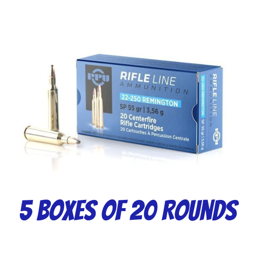 PPU 22-250 55gr Soft Point Ammunition - 5 Boxes of 20 Rounds - HR22250B_BULK