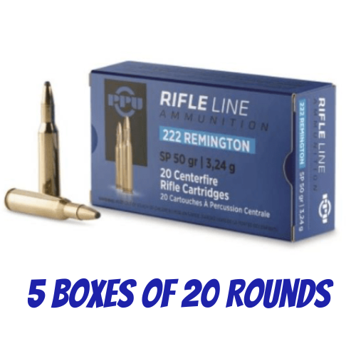 PPU 222 Rem 50gr Soft Point Ammunition - 5 Boxes of 20 Rounds - HR222B_BULK