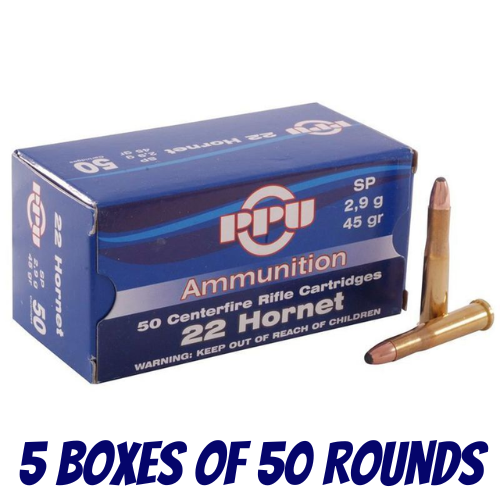 PPU 22 Hornet 45 grain Soft Point Ammunition - 5 Boxes Of 50 Rounds - HR22H-BULK