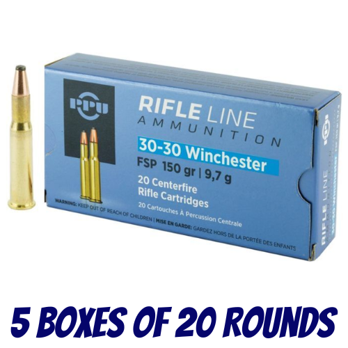 PPU 30-30 Win 150gr Flat Nose Soft Point Ammunition - 5 Boxes Of 20 Rounds - HR3030A_BULK