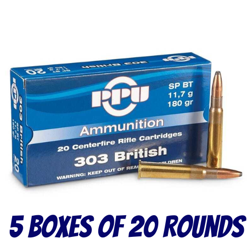 PPU 303 British 180gr Soft Point Ammunition - 5 Boxes Of 20 Rounds - HR303B-BULK