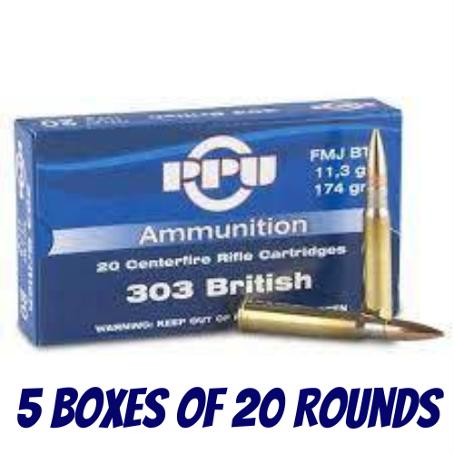PPU 303 British 174gr FMJ Boat Tail Ammunition - 5 Boxes Of 20 Rounds - HR303C-BULK