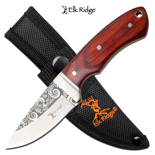 Elk Ridge Etched Blade Hunting Knife - Wooden Handle - K-ER-200-18WD