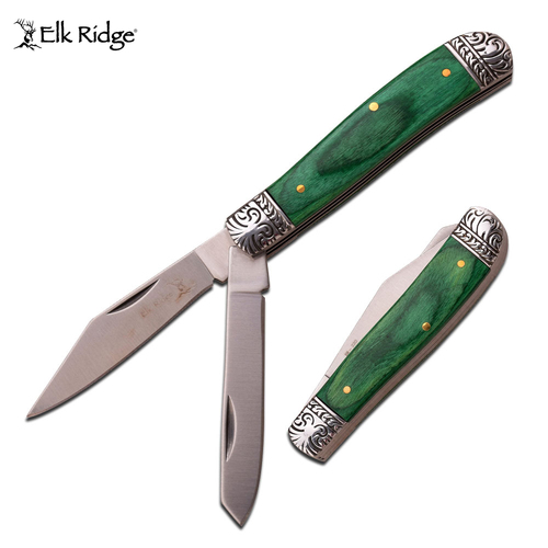 Elk Ridge Twin Blade Gentleman's Knife - Green Wood - K-ER-220GW