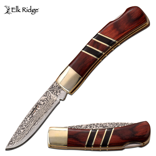 Elk Ridge Damascus Patterned Wooden Pocket Knife - K-ER-951WBCR