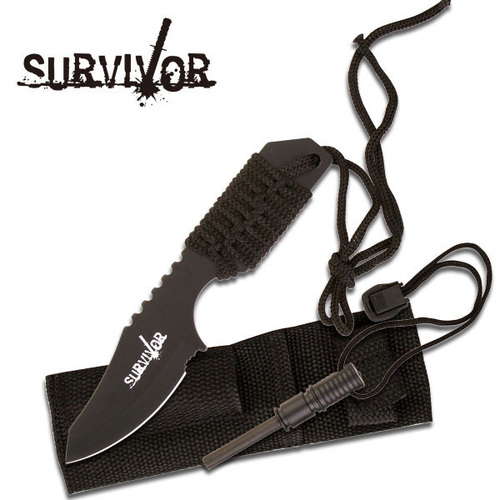 Survivor Black Paracord Wrapped Knife w Fire Starter - K-HK-106321B
