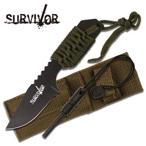 Survivor Green Paracord Wrapped Knife w Fire Starter - K-HK-106321G
