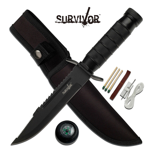 Survivor Black Double Reverse Serrated Blade w Survival Kit - K-HK-695B