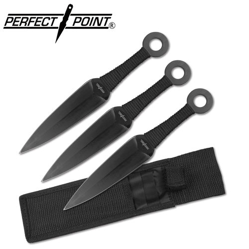Perfect Point Throwing Knives 3pc Black wiuth Black Cord - K-PP-869-3