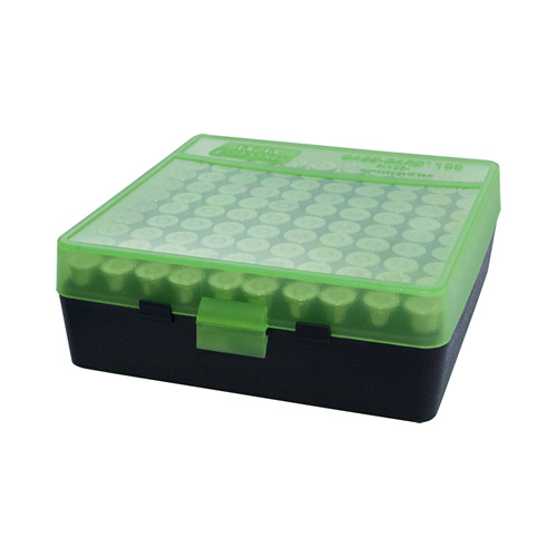 MTM Pistol Ammo Box 100 Round Flip-Top 38 Special 357 Mag - Clear Green/Black P-100-3-16T