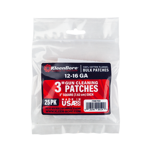 KleenBore 3" Square 12-16 gauge Cotton Patches 25 pack - P204