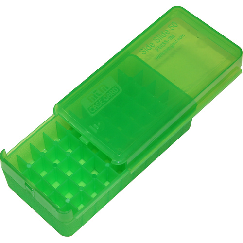 MTM Pistol Ammo Box 50 Round Side-Slide Top 9mm 380 ACP Clear Green P50SS-9M-16