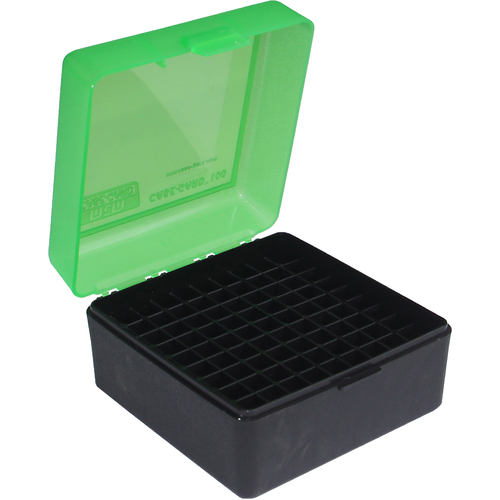 MTM Rifle Ammo Box - 100 Round Flip-Top 22-250 243 Win 308 Win 220 Swift - Clear Green RM-100-16T