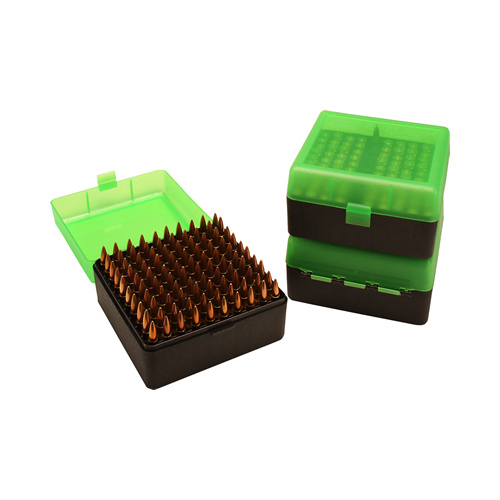 MTM Rifle Ammo Box - 100 Round Flip-Top 223 Rem 204 Ruger 6x47 - Clear Green/Black RS-100-16T