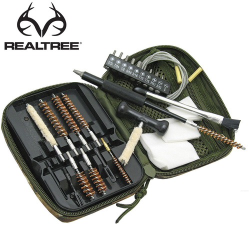 Realtree Rifle Gun Cleaning Kit For .17cal To .45cal Brush Mop Set in a Nylon Realtree Camo MOLLE Compatible Zippered Storage Case.