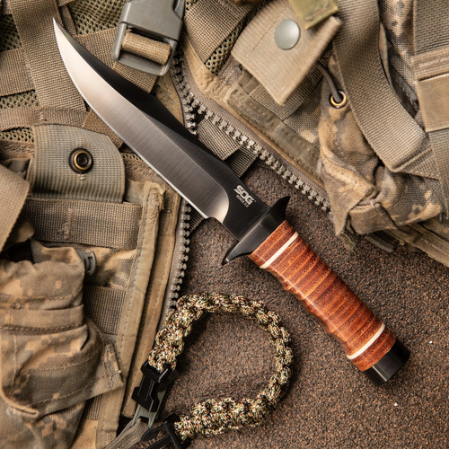 SOG Bowie 2.0 - 6.4" Fixed Blade Knife Black TiNi / Stacked Leather Sheath & Sharping Stone