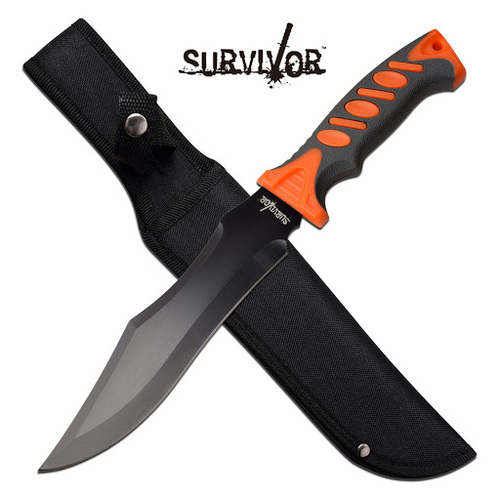 Survivor Orange & Black Fixed Blade Hunting Knife - Full Tang Blade 12" Overall - SV-FIX004BK